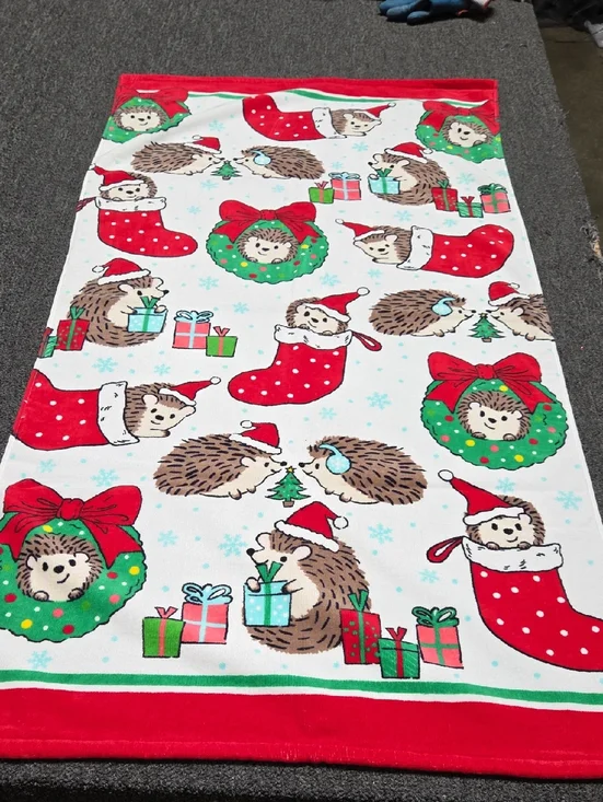 Holiday Hedgehog Christmas Stocking Print Beach Towel - Red, Green, White