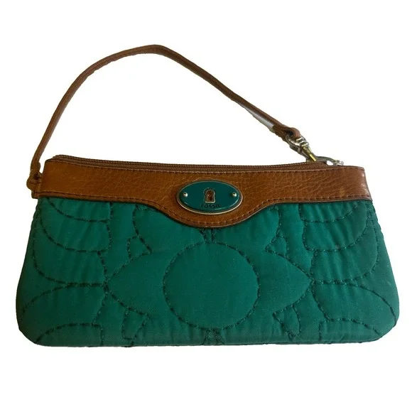 Fossil Key-Per  Teal Quilted Wristlet Leather Trim ID Coin Zip Wallet 4