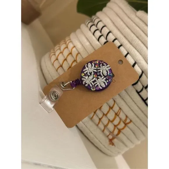 Purple Rhinestone Creepy Crawly Spider Badge Reel  Badge Holder
