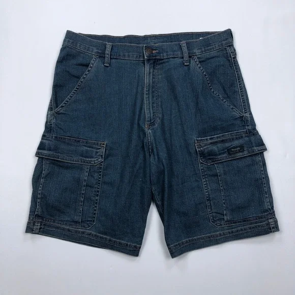 Wrangler Mens Denim Cargo Shorts Blue Size 32 Stretch Jean Jorts