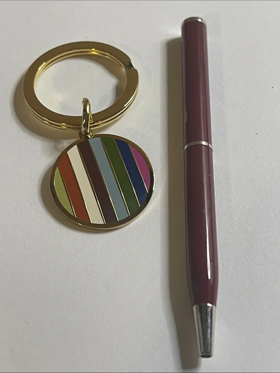 Coach Legacy Gold-Tone Multicolor Striped Enamel Keyring and Coach Pen
