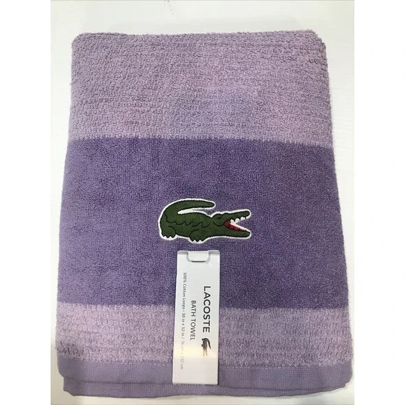 Lacoste Purple Bath Towel Big Crocodile Logo Textured 100% Cotton 30