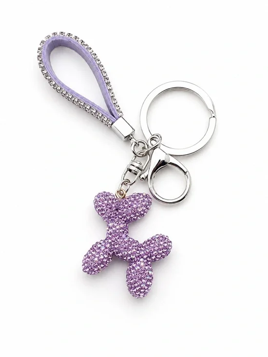 Lavender Crystal Balloon Dog Keychain with Rhinestone Loop