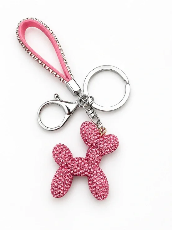 Pink Crystal Balloon Dog Keychain with Strap and Clip