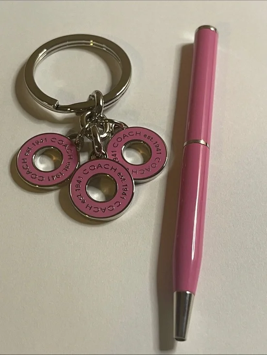 Coach Pink Enamel Triple Disc Keyring Charm and Coach Pen