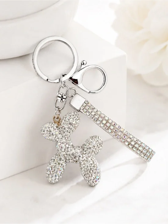 Rhinestone Balloon Dog Keychain Wristlet - Silver bag charm