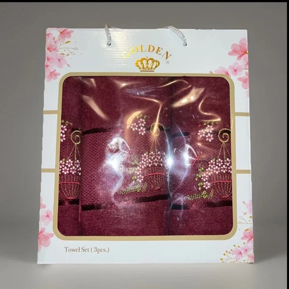 High Quality Golden 3-Pc Towel Set Embroidered Flower 🌺 W/Water Can & Butterfly