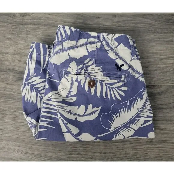American Eagle Mens Prep Chino Shorts Tropical Print Blue White 30