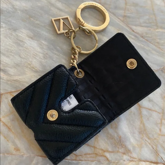 Victorias Secret Black Quilted Mini Pouch Keychain Gold V Logo Charm Case