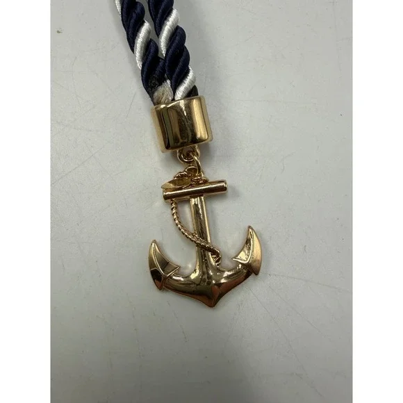 Nautical Anchor Keychain Gold Tone Navy White Twisted Rope Bag Charm 9 Inch