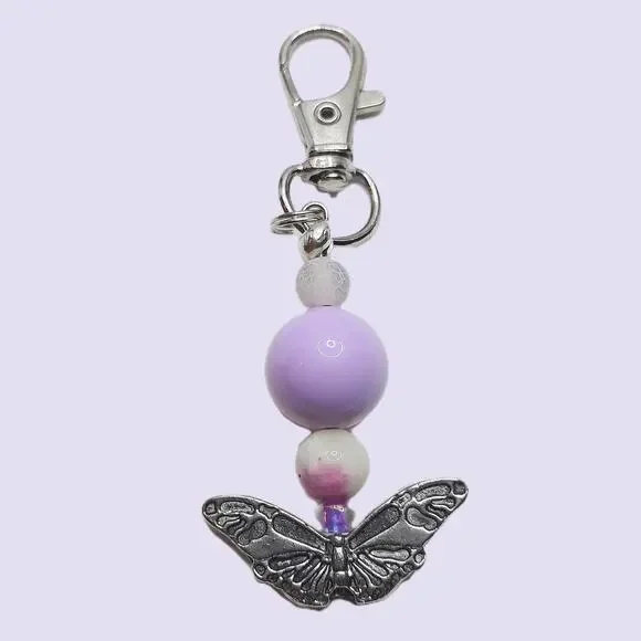 Handmade Beaded Butterfly Bag Charm Tibetan Silver Light Purple Keychain NEW