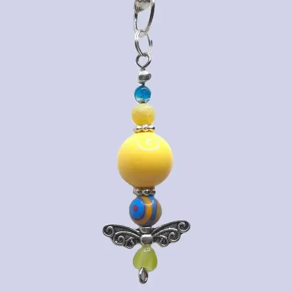 Handmade Beaded Fairy Bag Charm Silver Wings Bright Yellow Whimsical Keychain