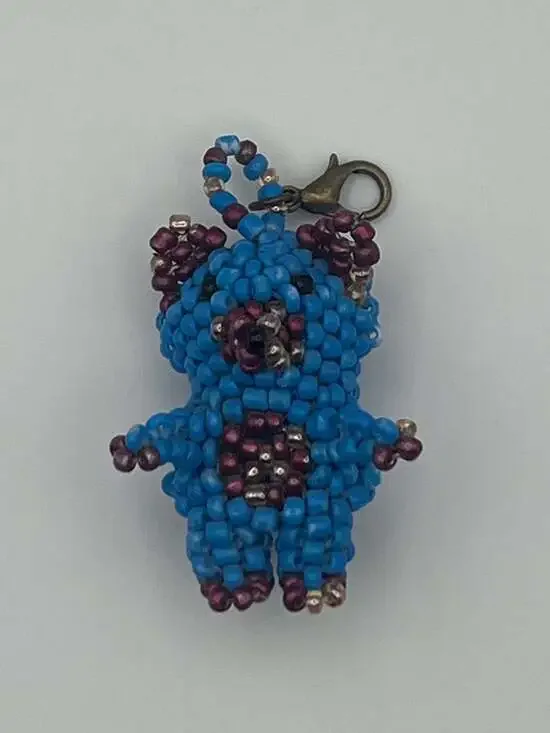 Handmade 3D Beaded Teddy Bear Keychain Charm, Blue and Maroon