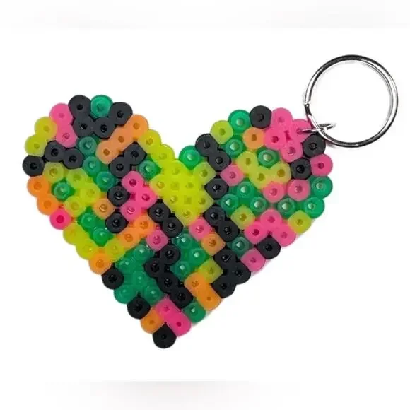 Neon and black heart keychain handmade perler bead