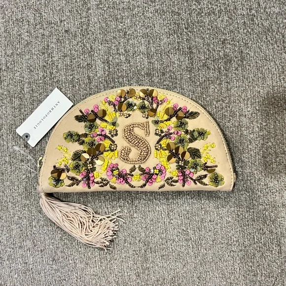 Anthropologie Beige Embellished Tassel Key & Card Holder