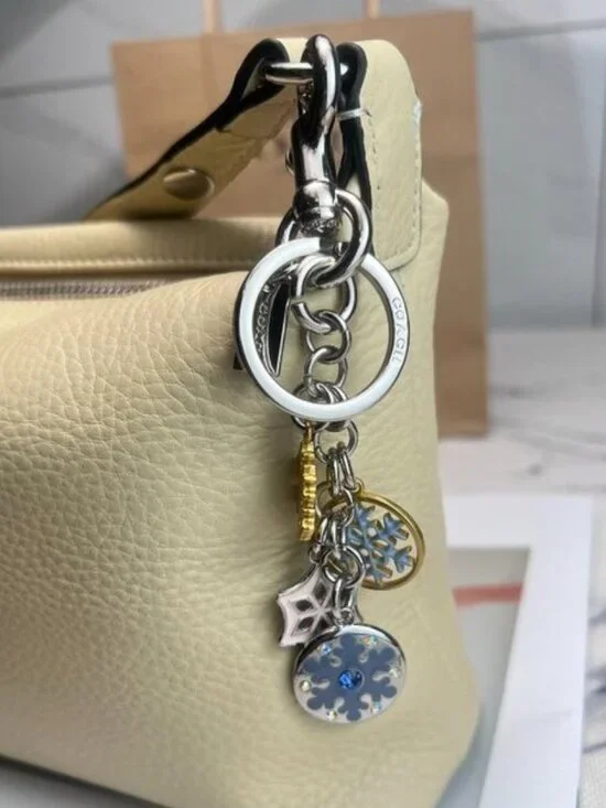Coach Silver-Tone & Light Blue Snowflake Charm Keychain with Gold Accent