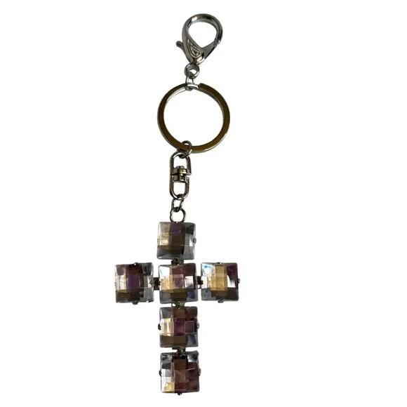 Sparkly Rhinestone Cross‎ Keychain Charm Bag Purse Accessory Silver Tone