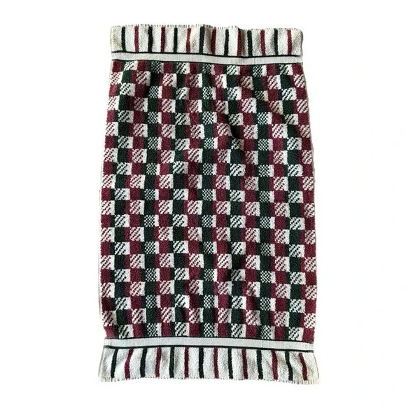 VTG Cotton Bath Towel Burgundy Green White Checked Plaid Border Stripe 42x25