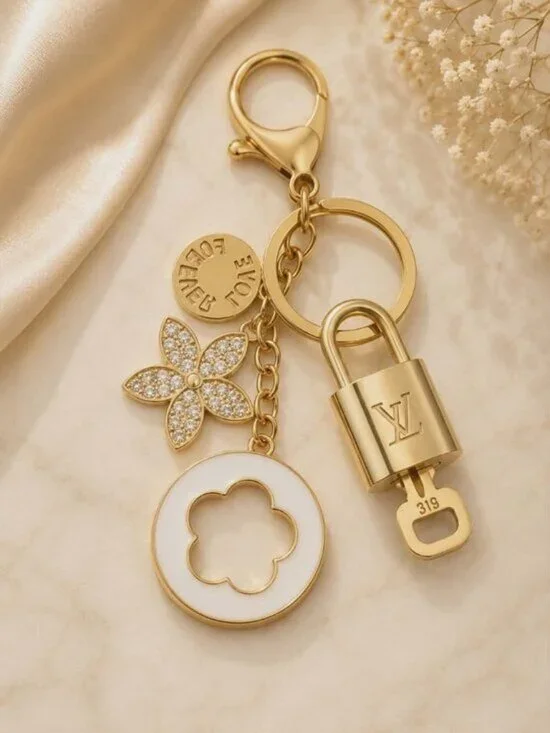 LV Gold Padlock Authentic 🔑 Luxury Bag Charm w/ Unbranded Flower Keychain