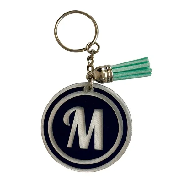 Handcrafted Monogram Letter M‎ Keychain Navy Blue Acrylic Mint Green Tassel NEW