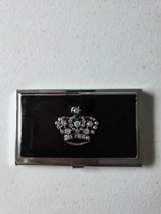 Vintage Rhinestone Embellished Business Card Holder Aurora Borealis Crown Design