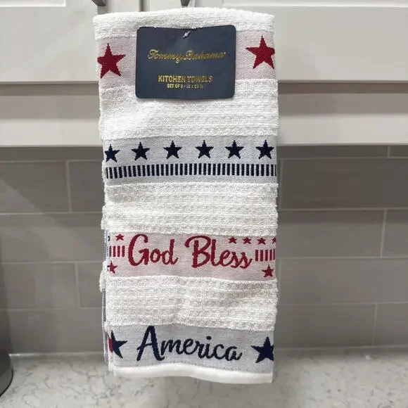 Set of 3 “God Bless America” TOMMY BAHAMA KITCHEN TOWELS RED WHITE BLUE NEW