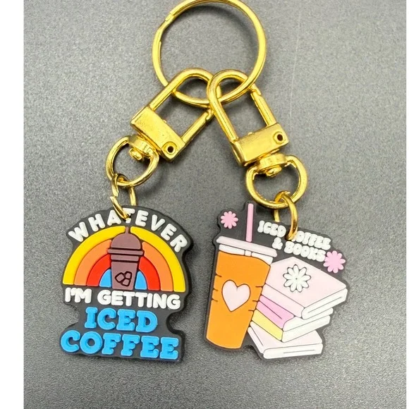 Iced Coffee Books Keychain Set Rainbow Iced Coffee‎ Quote Charm Gold Tone