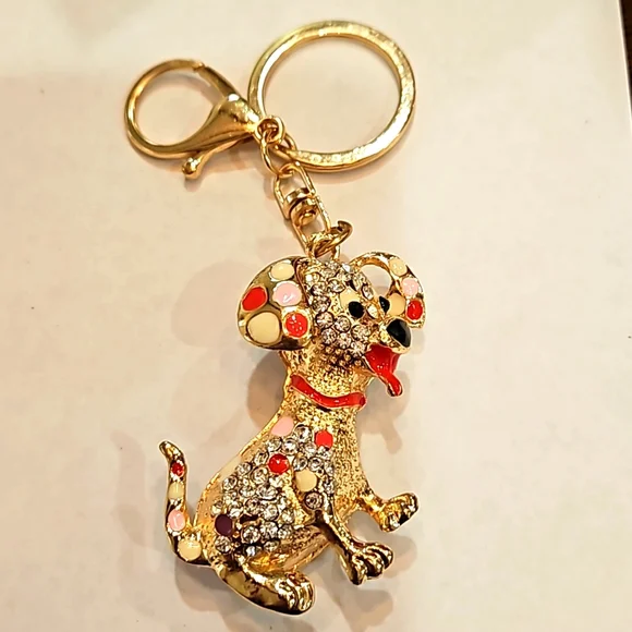 ROSEGOLD RED PINK YELLOW BLING DOG WITH RED TONQUE‎ PUPPY KEYCHAIN