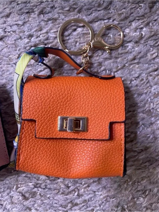 Orange Leather Mini Keychain Bag with Gold Hardware