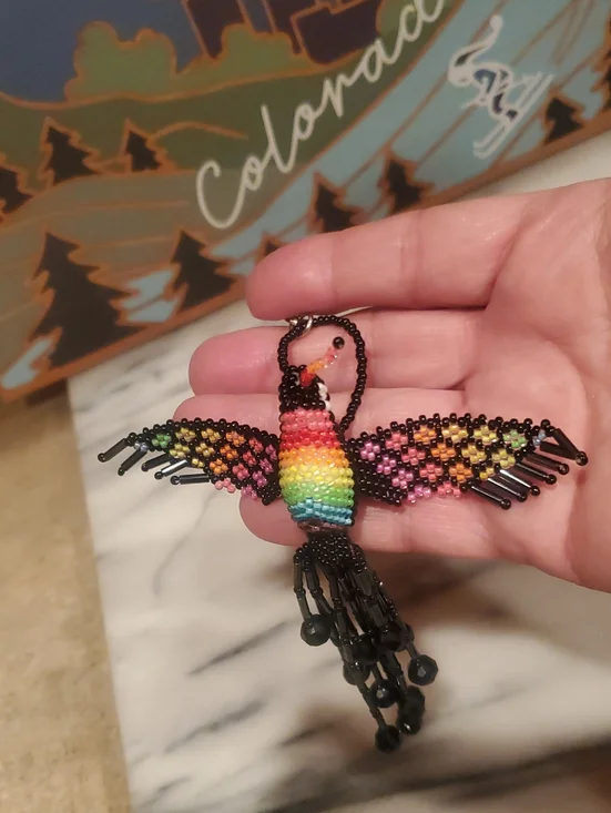 Handcrafted Rainbow Beaded Bird Keychain- Black Accents
