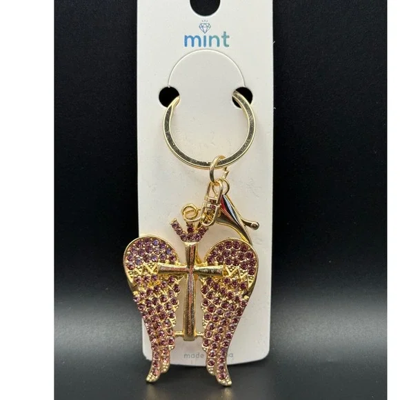 Gold Angel Wings Cross Crown‎ Keychain Pink Rhinestones Mint Brand New Charm