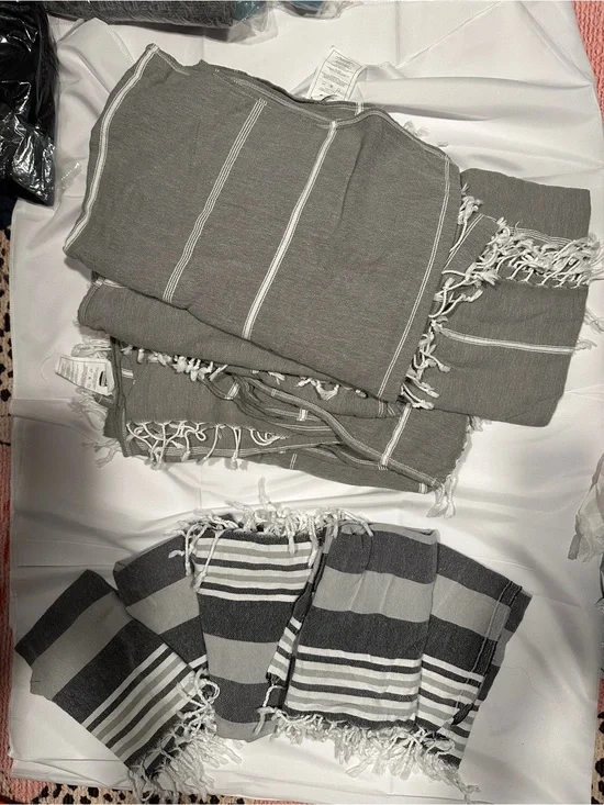 Striped Turkish Peshtemal towels s/6 hand and s/6 bath sized.