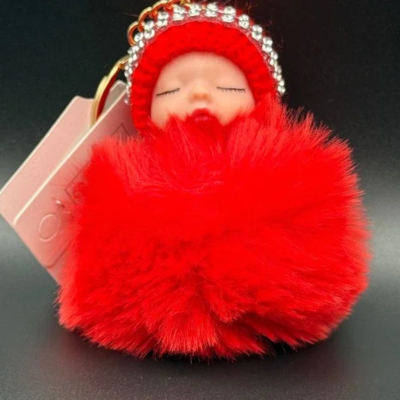 Sisi Collection Red Faux Fur Baby Doll‎ Keychain Rhinestone Hat Gold Chain