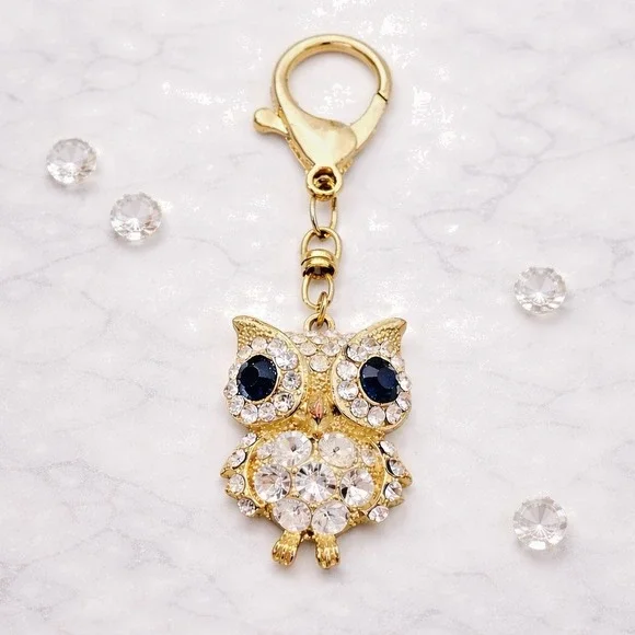 Gold Tone Rhinestone Owl Keychain Purse Charm Blue Eyes Lobster‎ Clasp Bag Charm