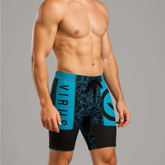 Virus compression Men's Teal and Black Geometric Shorts