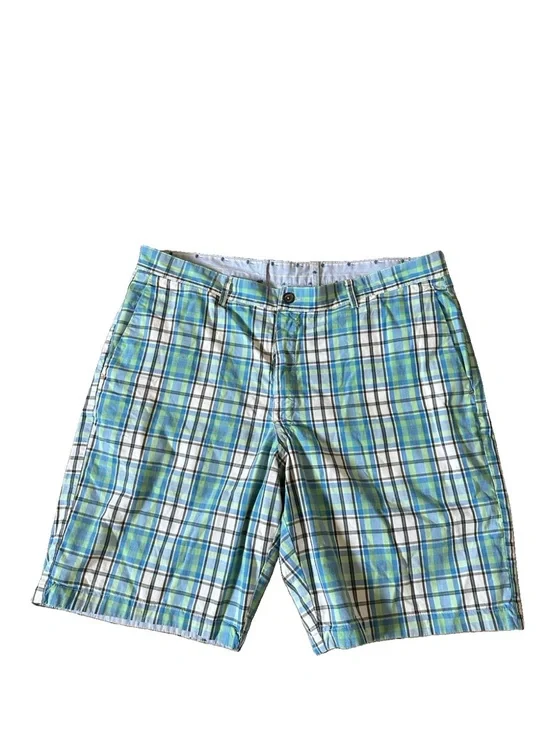 Tommy Bahama Shorts Reversible Blue Madras Plaid Palm Tree 10