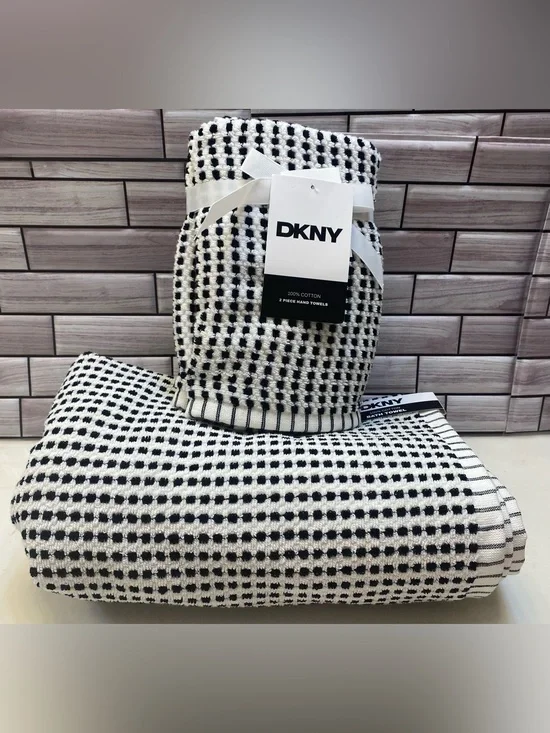 DKNY ❤️Cotton (1) Bath & (2)Hand Towel Set Black White Pattern NWT