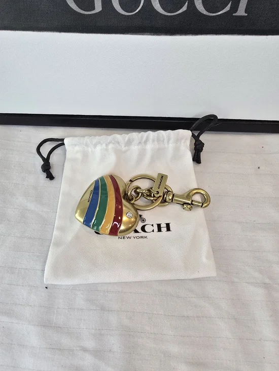 Coach Gold-Tone Heart Keychain with Multicolor Enamel Stripes