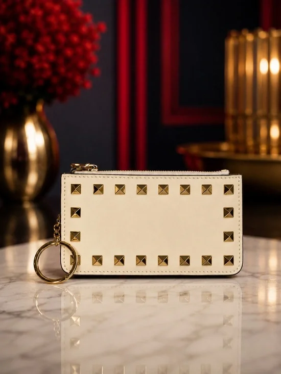 Valentino Garavani Ivory Crème Rockstud Leather Zip Card Case | Full Inclusion