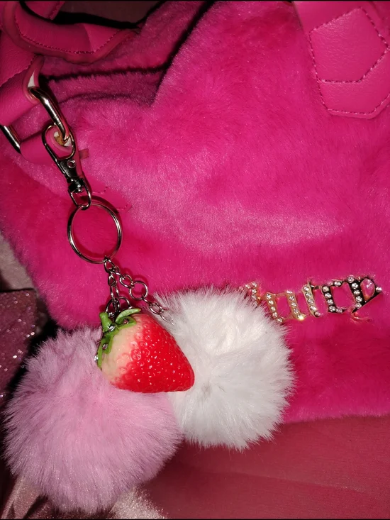 Pink Fur Pom Pom Strawberry Keychain Charm