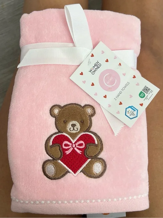 Pink Teddy Bear Hand Towel Set with Red Heart
