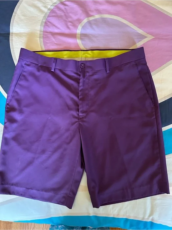 Louis Raphael Purple Men's Flat-Front Shorts with Yellow Waistband