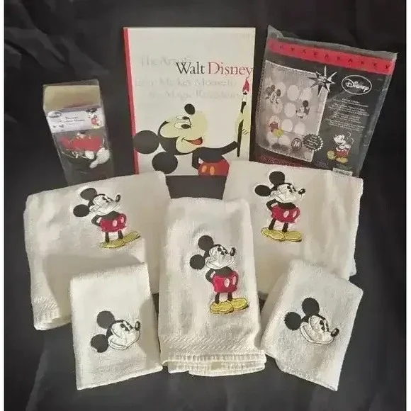 Mickey Mouse Bathroom Set- Towels Washcloths Shower Curtain Hooks & Art Book