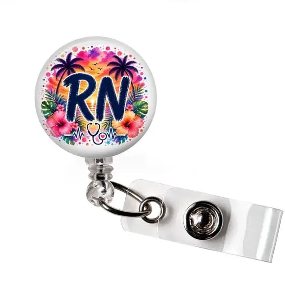RN Summer Badge Reel Registered Nurse Tropical Beach Hibiscus Healthcare Gift