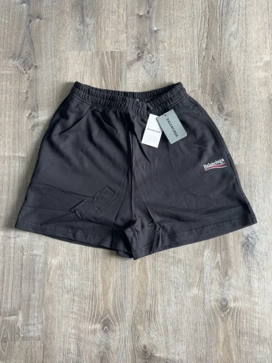 Balenciaga Black Ribbed Elastic Waist Shorts with Logo Tag
