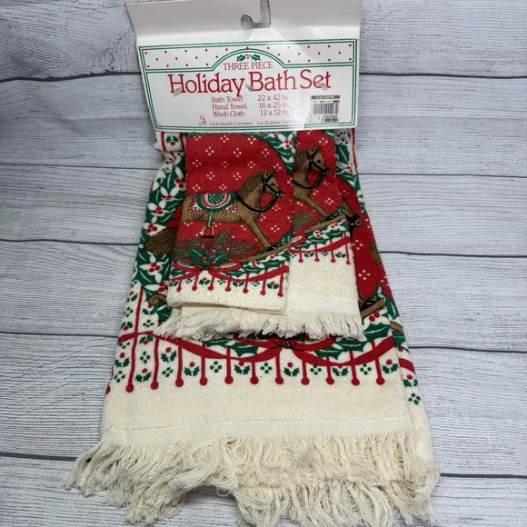 3 Piece Christmas Holiday Towel Bath Set Rocking Horse Vintage New Cecil