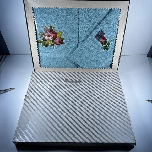 3 Vintage CANNON Monticello Blue W/Blue~Purple Rose Floral Print Washcloths