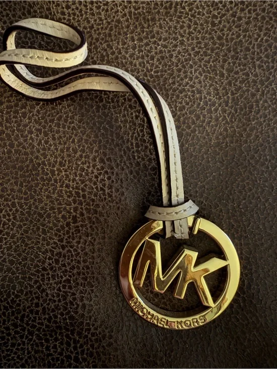 Michael Kors White Leather Strap Bag Charm with Gold MK Pendant