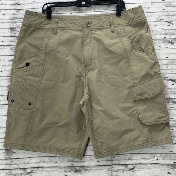 AFTCO Performance Cargo Fishing Shorts Men's Size 38 Khaki Nylon Stretch