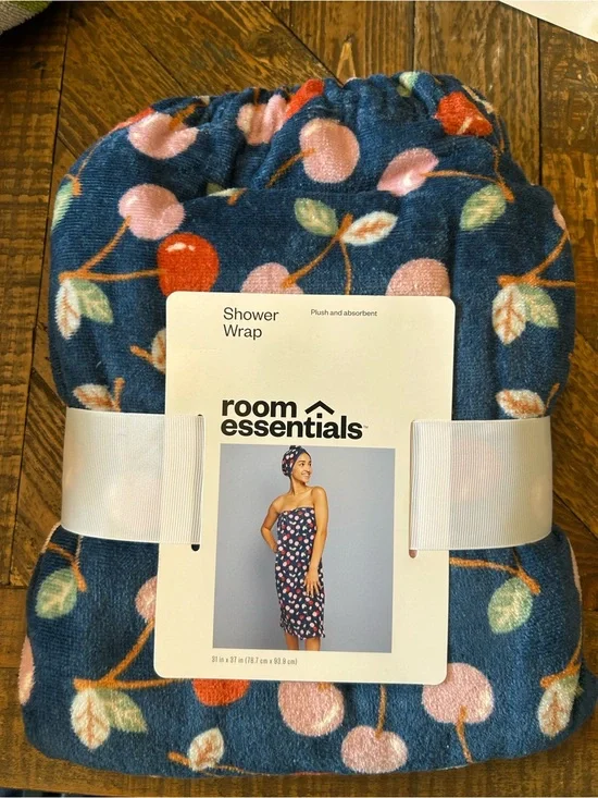 Room Essentials Navy Shower Wrap with Pink & Red Cherry Print